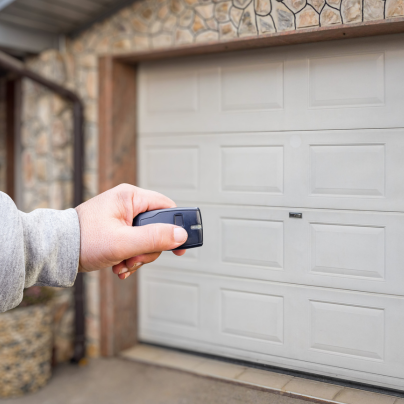 Salem security key fob pointing to a garage door