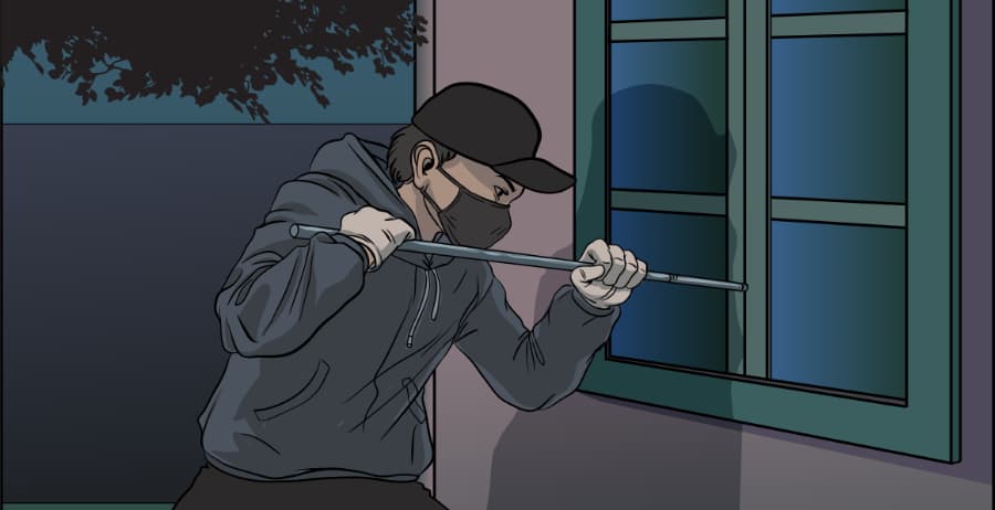 Illustration of burglar forcing entry through a window in Salem